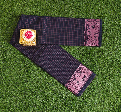 Navy Blue Cotton Saree with Checks Pattern & Copper Zari Border