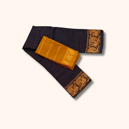 Dark Ink Blue Pure Sungudi Cotton Saree with Golden Zari Checks & Peacock Border