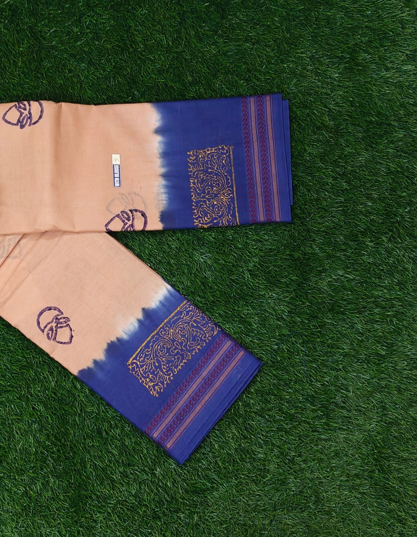 Peach Sungudi Cotton Saree with Royal Blue Zari Border