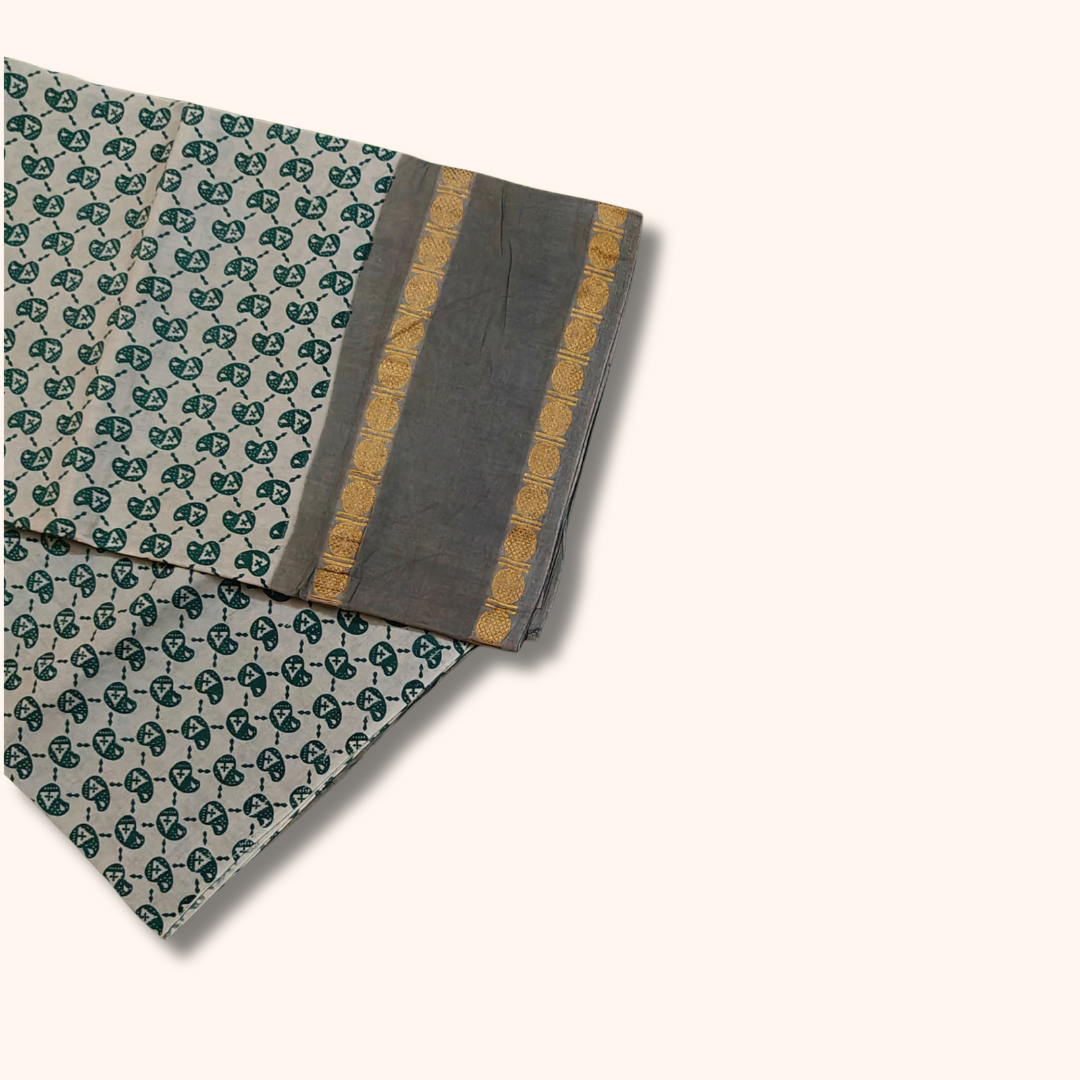 Grey & Off-White Printed Cotton Saree with Gold Zari Single Border