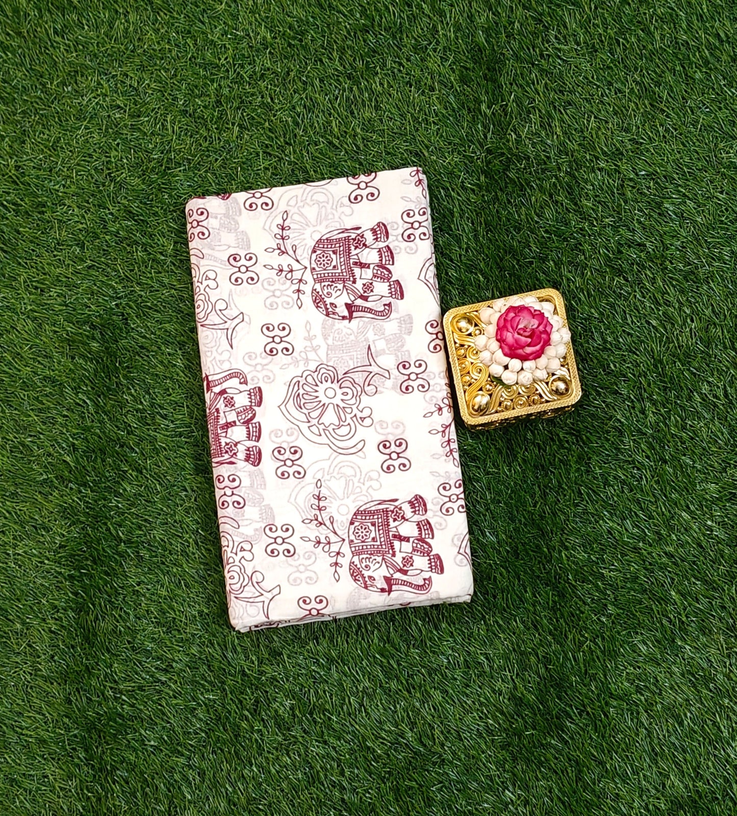 Attractive Off White Elephant Print Cotton Saree with Traditional Border