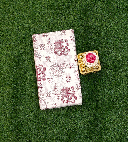 Attractive Off White Elephant Print Cotton Saree with Traditional Border