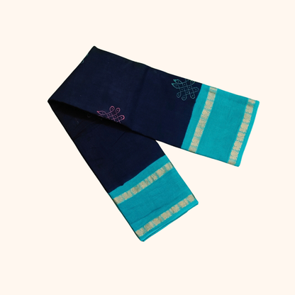Navy Blue and Teal Blue Kolam Design Cotton Saree with Running Blouse