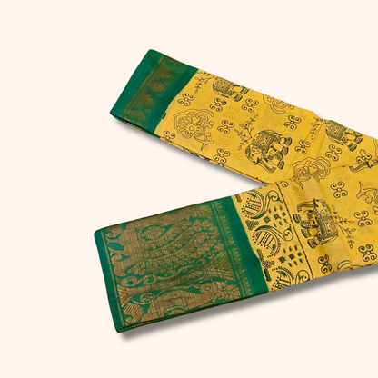 Mustard Yellow Sungudi Cotton Saree with Peacock Green Border