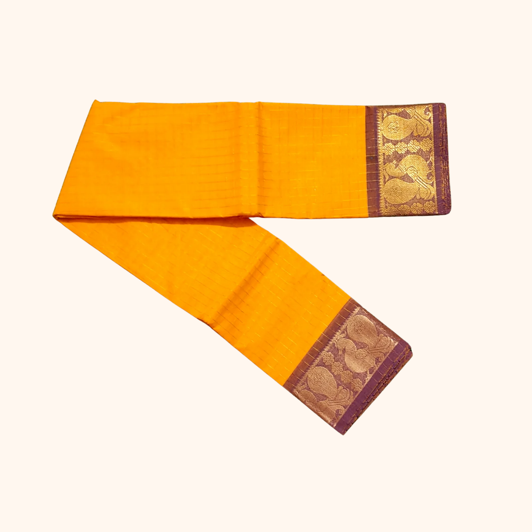 Rich Yellow Chettinad Cotton Saree with purple shade Peacock Border