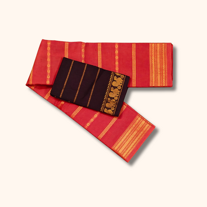 Coral Red Cotton Saree with Maroon Contrast Blouse & Zari Border