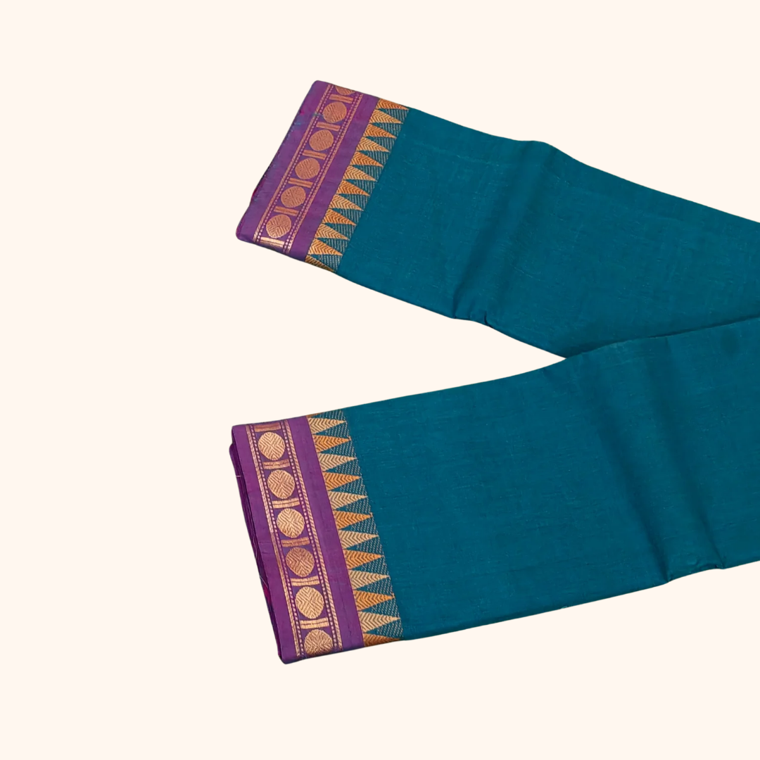 Peacock Blue Chettinad Cotton Saree with Violet Temple Border