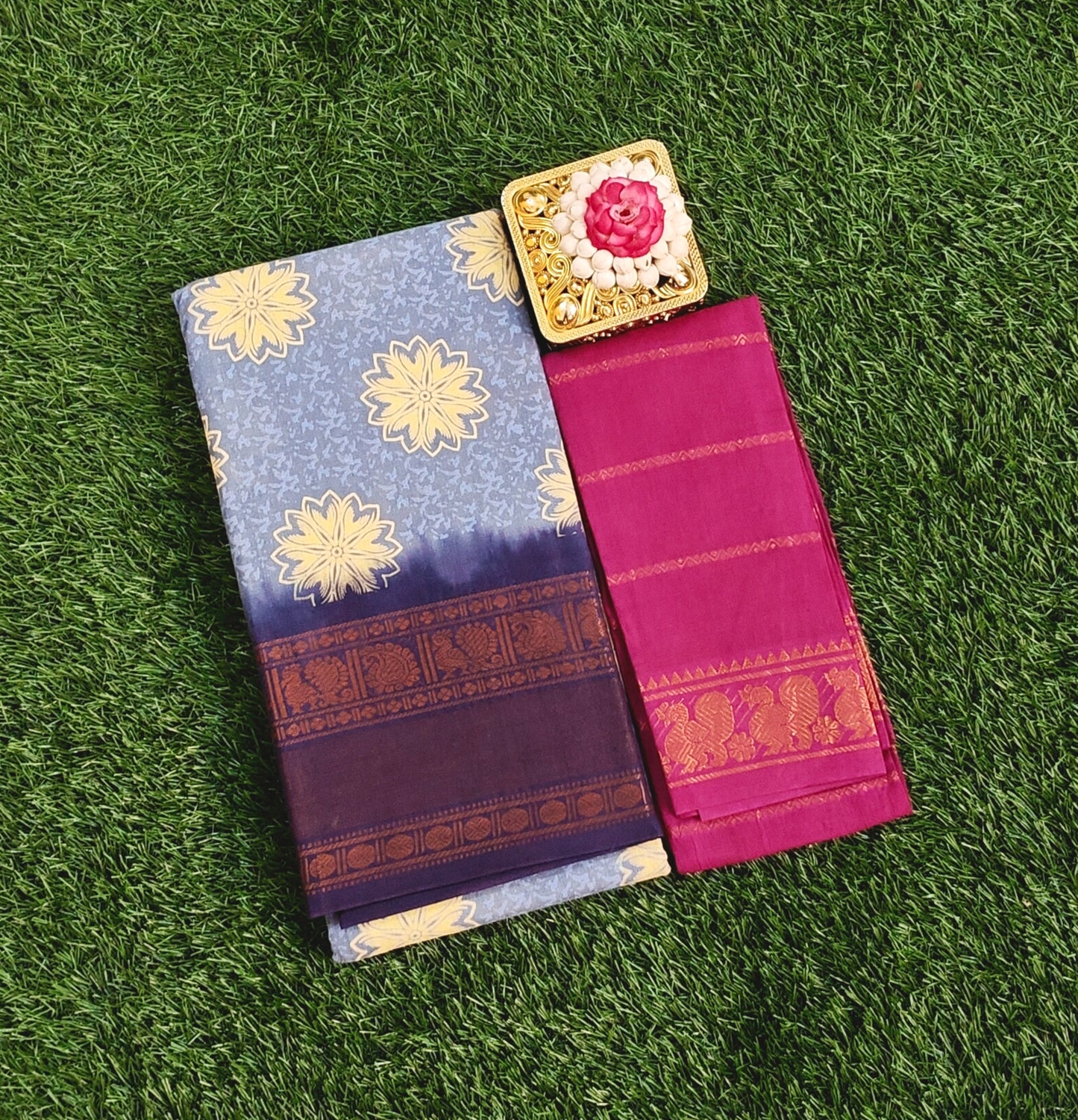 Blue Printed Sungudi Cotton Saree with Contrast Maroon Blouse Piece