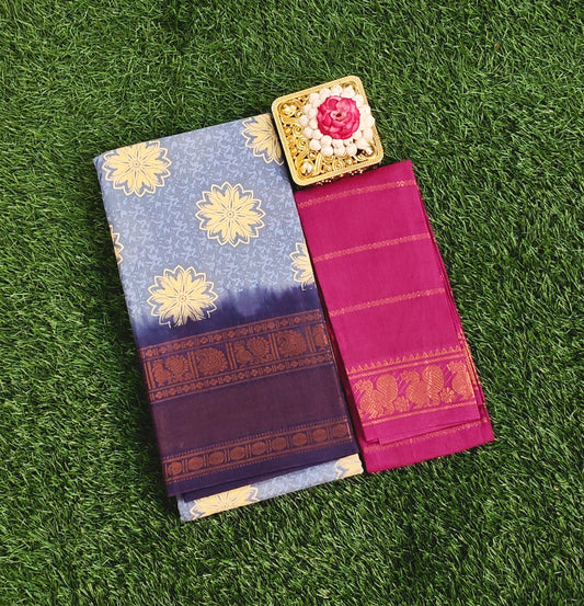Blue Printed Sungudi Cotton Saree with Contrast Maroon Blouse Piece