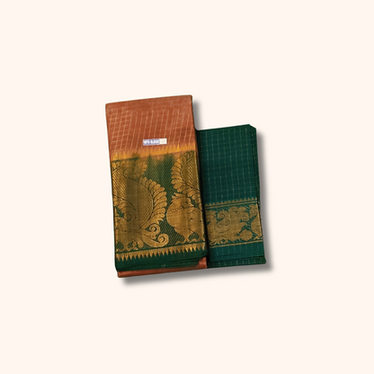 Copper Brown Sungudi Cotton Saree with Bottle Green Zari Border