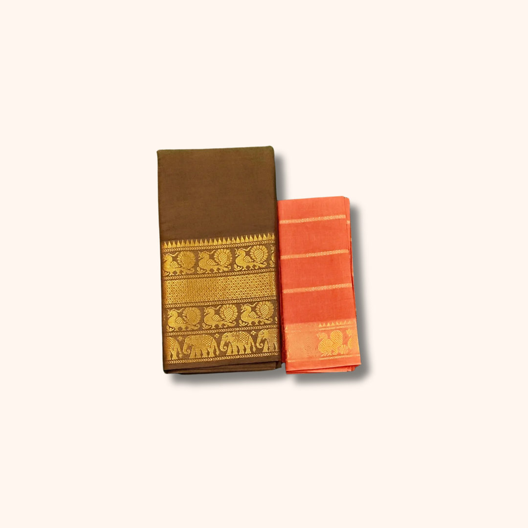 Chocolate Brown Pure Cotton Saree with Orange Contrast Blouse