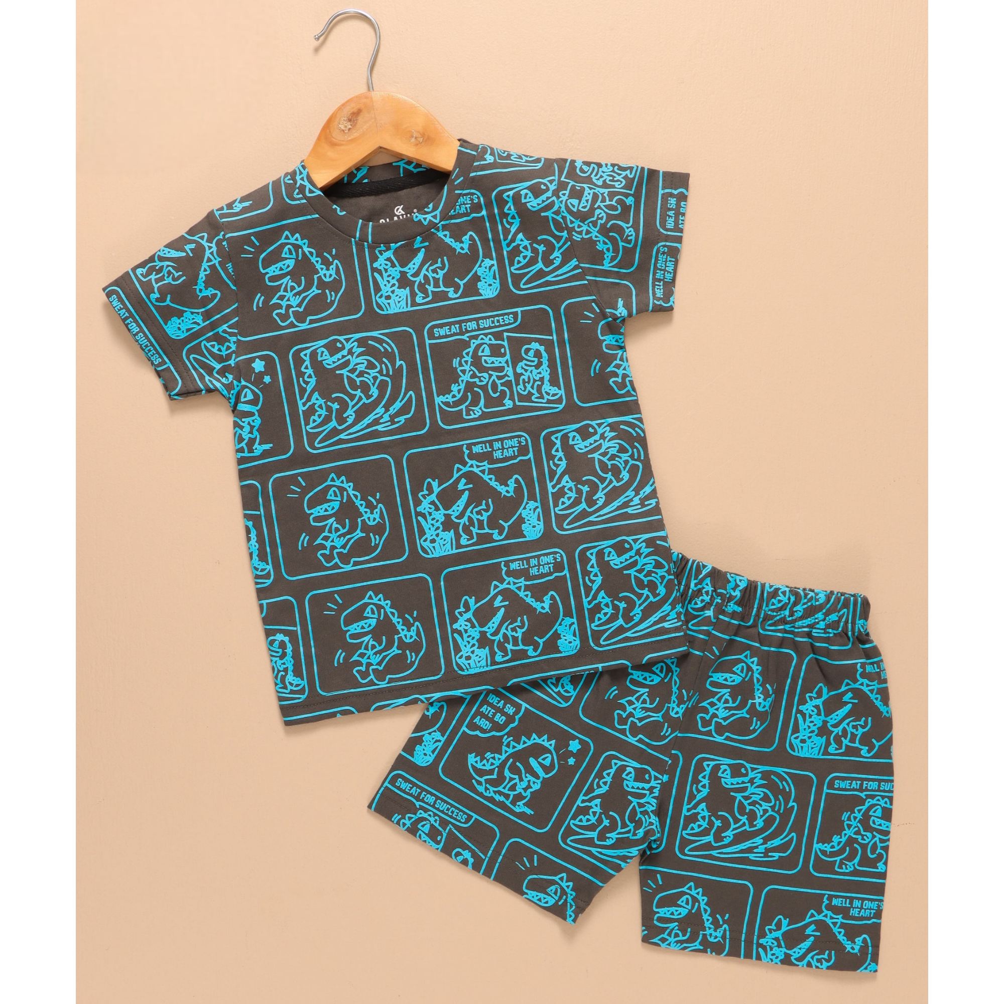 Kids Unisex Pure Cotton T-Shirt & Shorts Set – Cartoon Dino Comic Print (Grey & Blue)