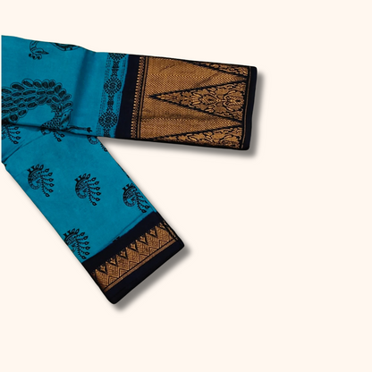 Turquoise Blue Peacock Print Cotton Saree with Navy Blue Temple Border