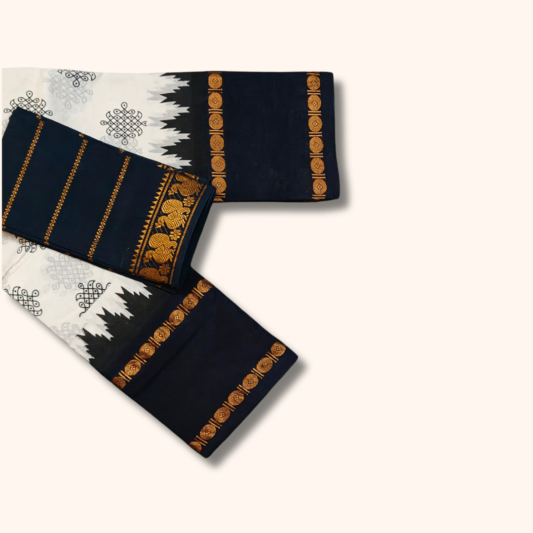 Black & White Kolam Temple Border Sungudi Cotton Saree with Separate Blouse