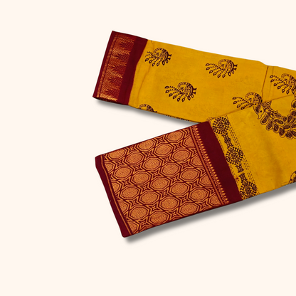 Mustard Yellow Sungudi Cotton Saree with Maroon Peacock Zari Border