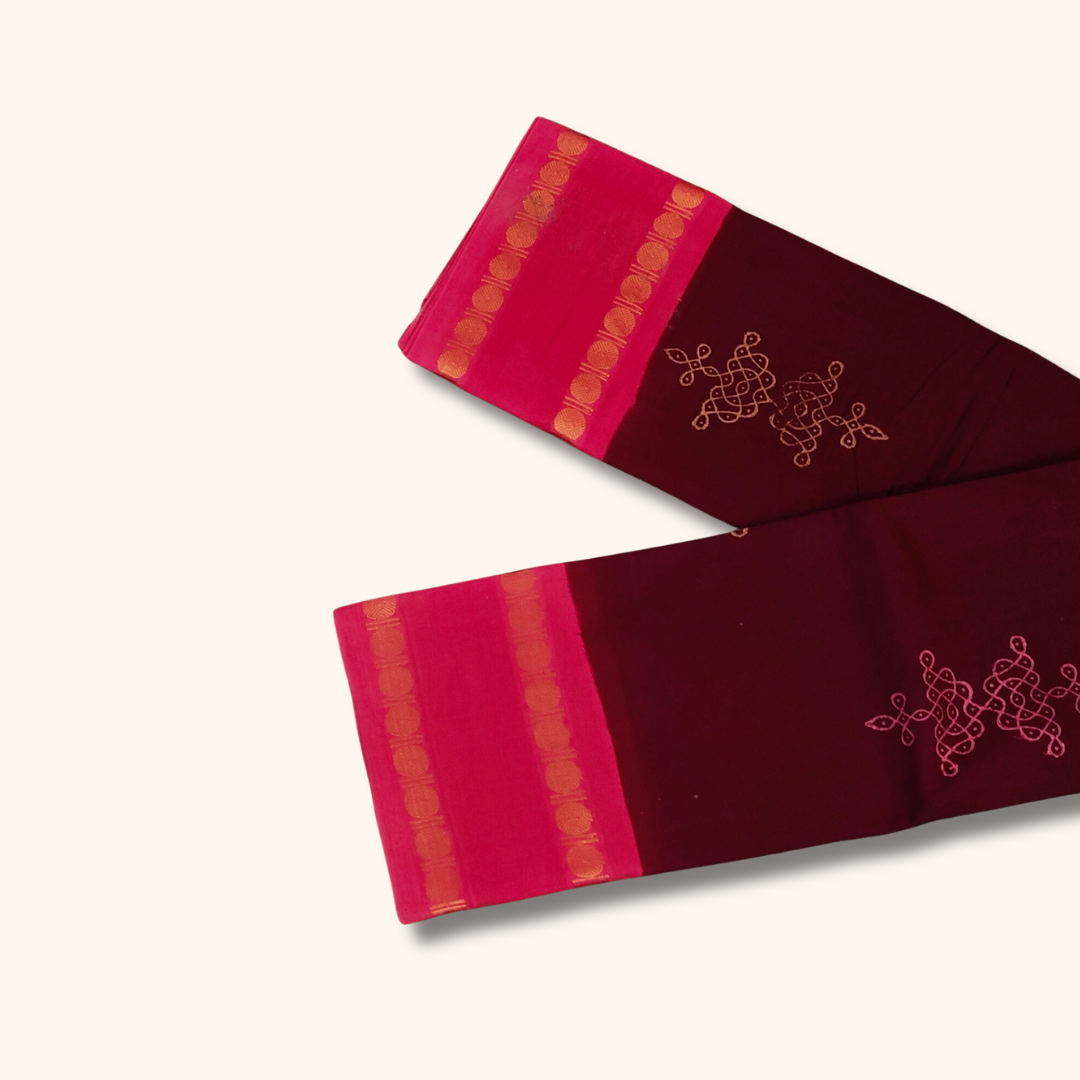 Maroon Cotton Saree with Pink Border – Running Blouse
