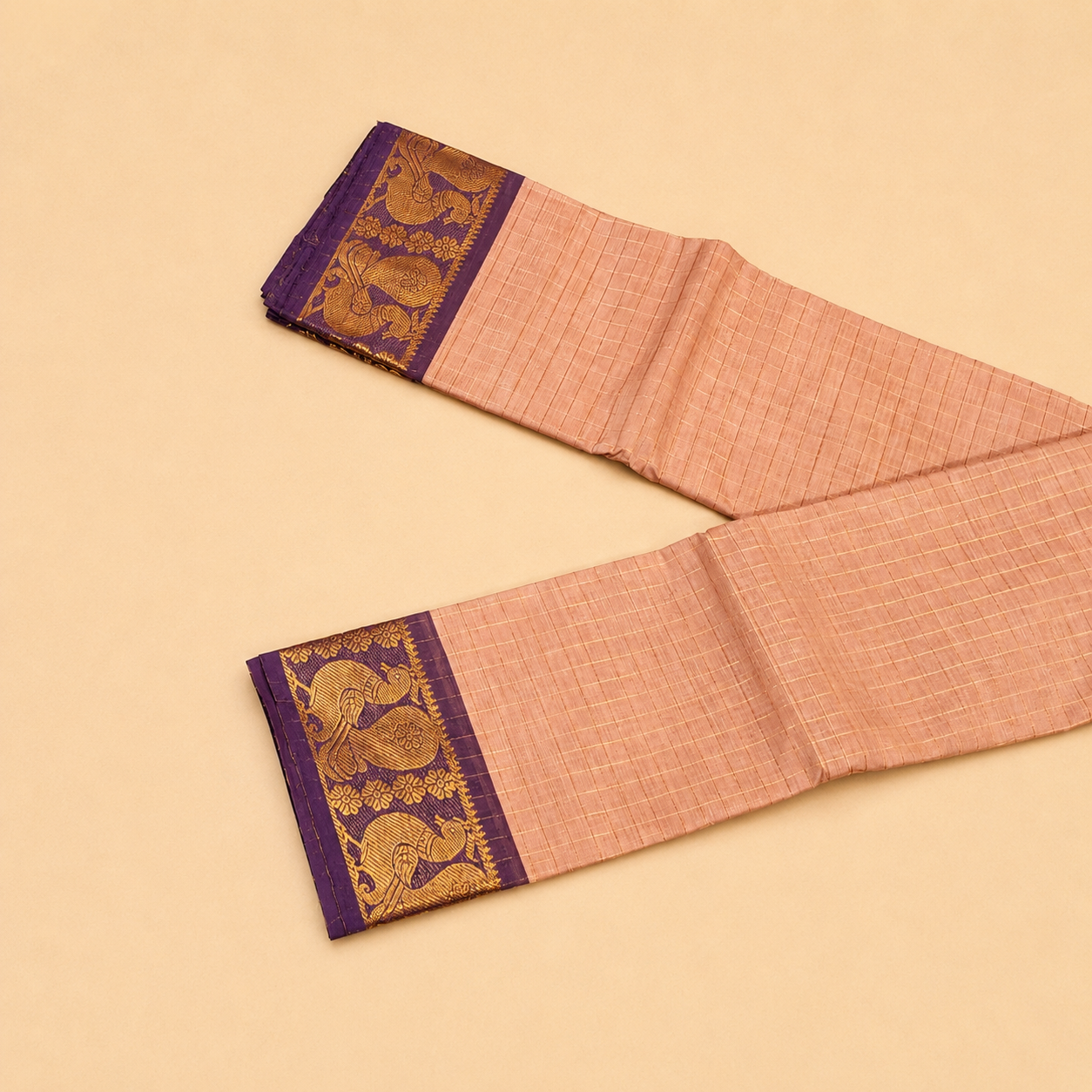 Baby Pink Chettinad Cotton Saree with Purple Peacock Border
