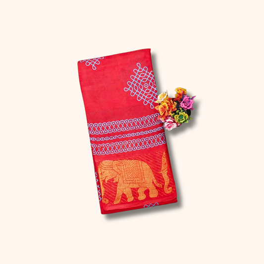 Authentic Red Kolam Sungudi Cotton Saree with Elephant Zari Border