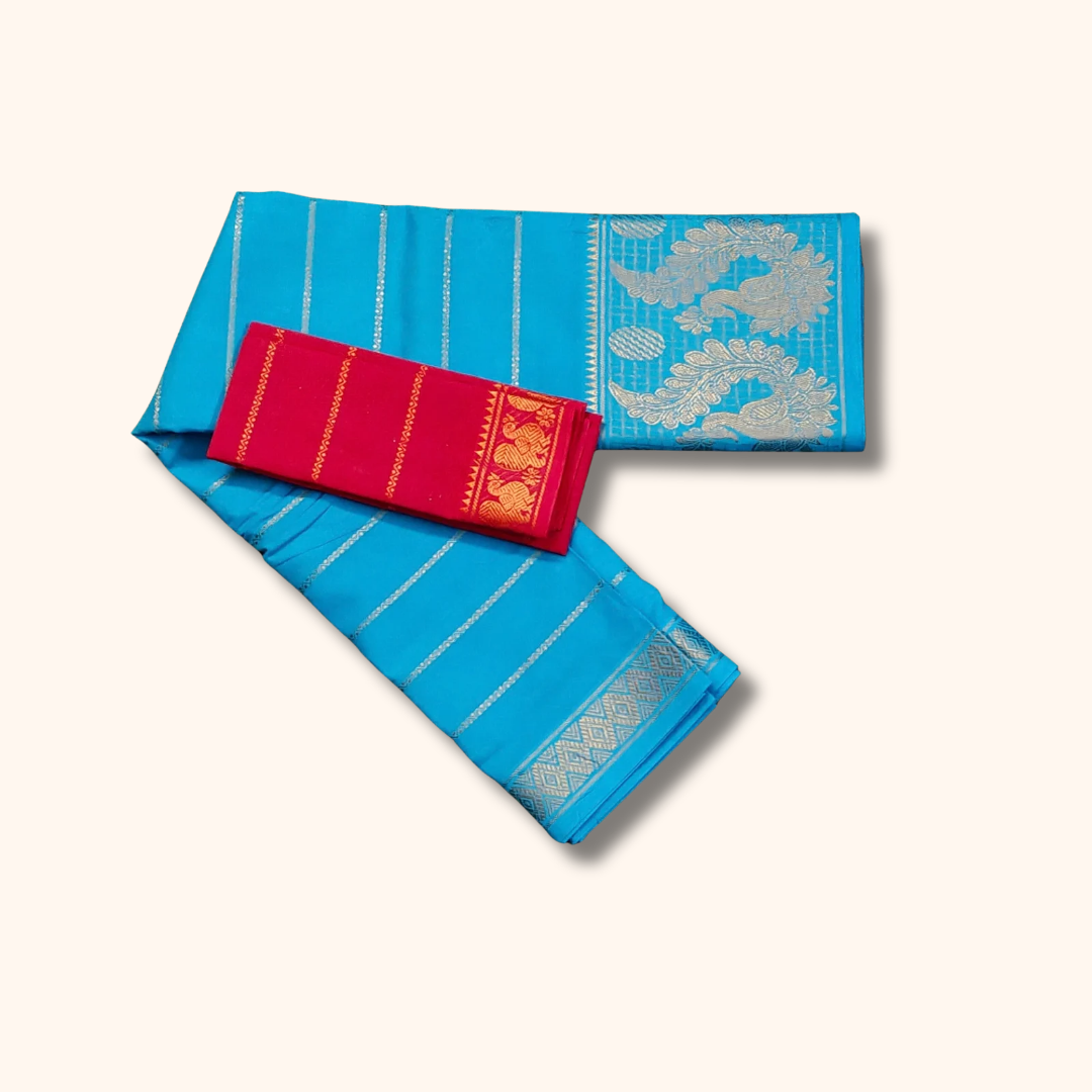 Sky Blue Pure Sungudi Cotton Saree with Silver Zari Paisley Pallu & Pink Blouse Piece