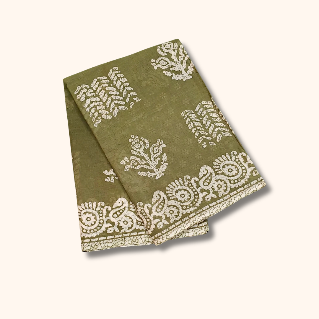 Olive Green Pure Cotton Saree with Floral Print & Paisley Border – Separate Blouse