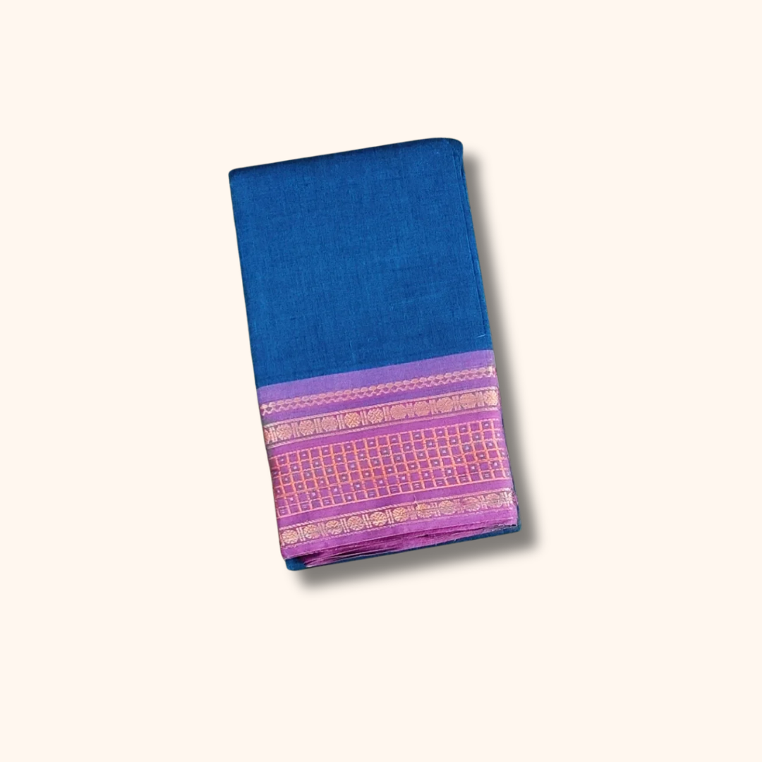 Royal Blue Chettinad Cotton Saree with Lavender Zari Border
