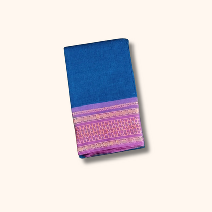 Royal Blue Chettinad Cotton Saree with Lavender Zari Border