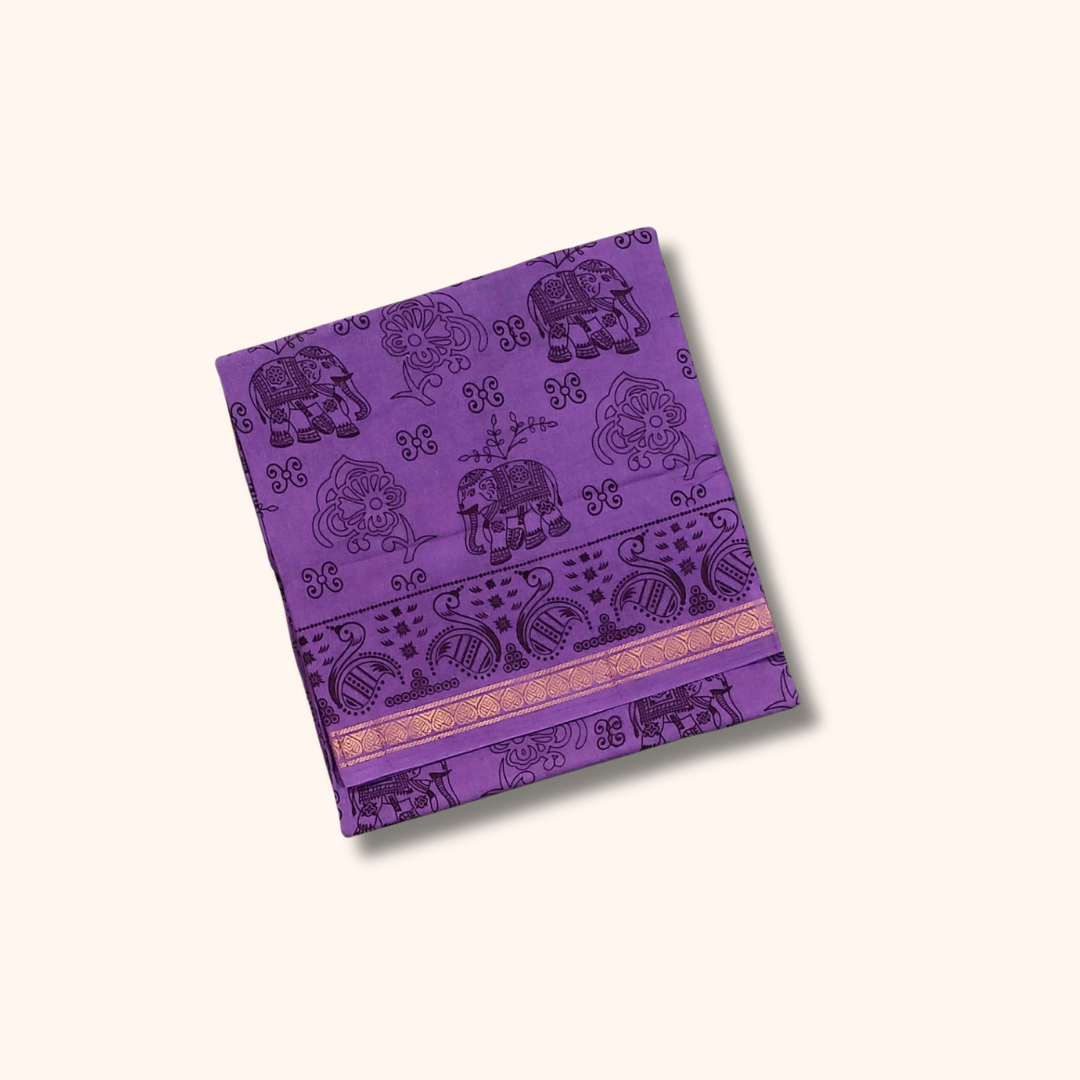 Purple Elephant Print Sungudi Cotton Saree with Gold Zari Border