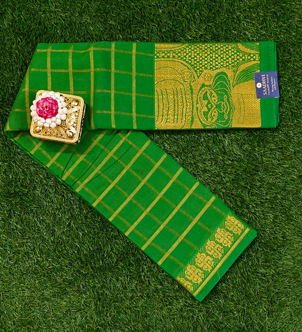 Classic Green with Gold Checks & Classic Woven Border Sungudi Saree
