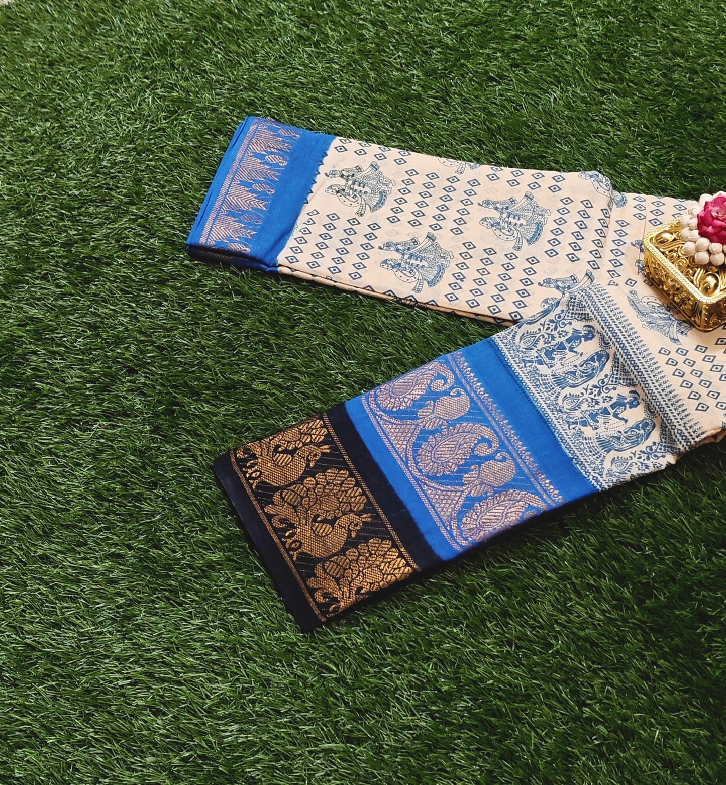 Attractive Cream and Royal Blue Cotton Saree with Traditional Elephant Print and Peacock Border