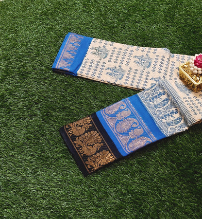 Attractive Cream and Royal Blue Cotton Saree with Traditional Elephant Print and Peacock Border
