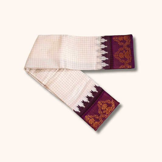 Off-White Pure Cotton Sungudi Saree with Purple & Gold Floral Border