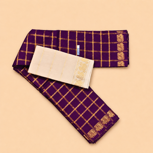 Royal Purple Pavithra Kattam Sungudi Saree with Contrast Cream Blouse
