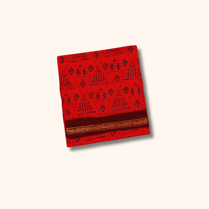 Red Cotton Saree with Tribal Print & Maroon Gold Zari Border – No Blouse