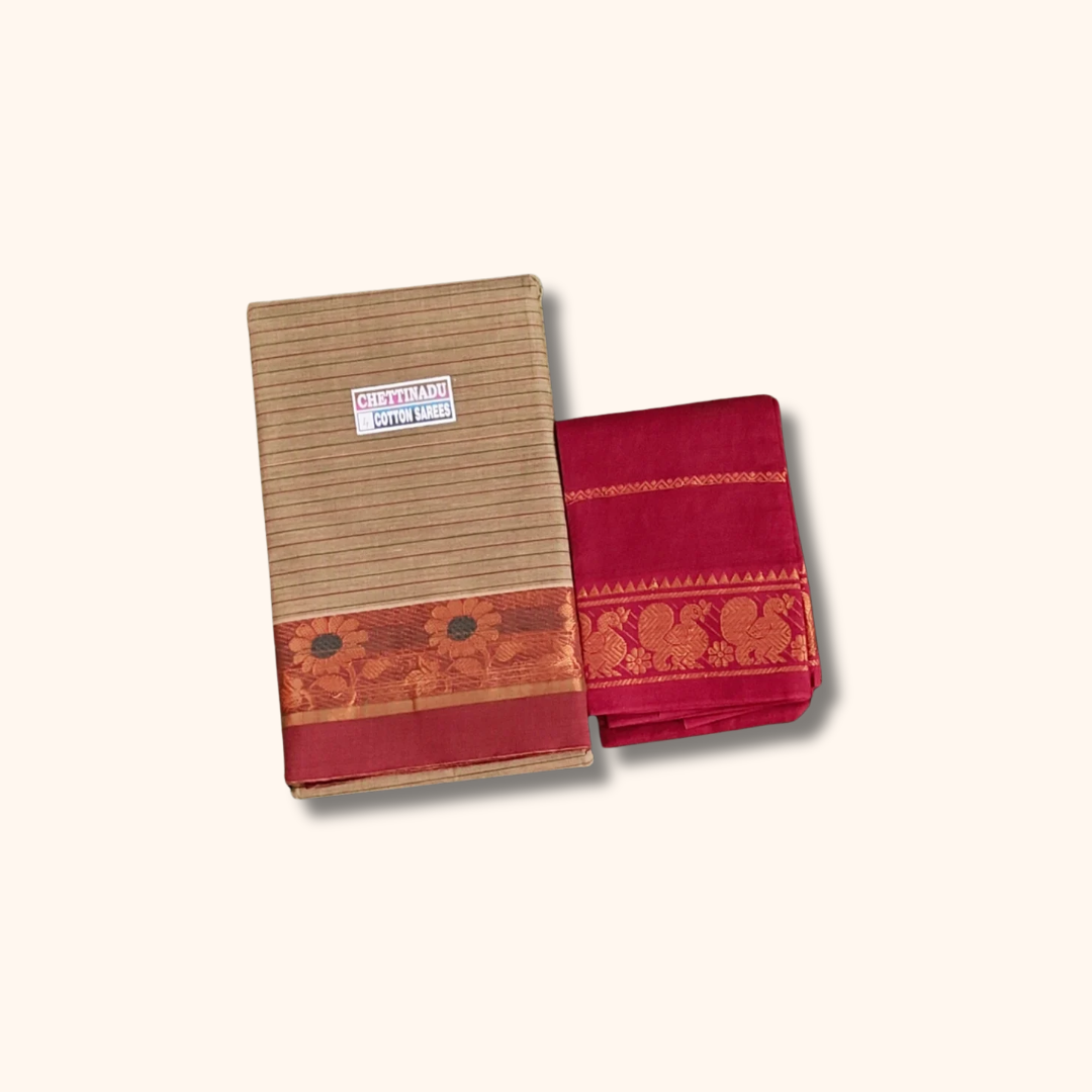 Beige Striped Chettinad Cotton Saree with Maroon Floral Border