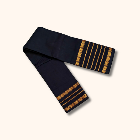 Black Cotton Saree with Gold Zari Striped Border – No Blouse