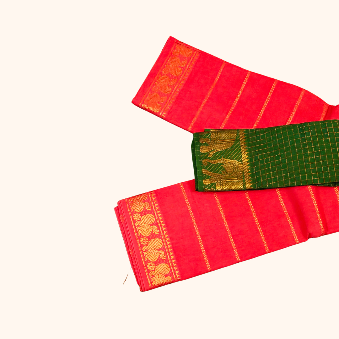 Red Sungudi Cotton Saree with Bottle Green Contrast Blouse & Elephant Zari Border