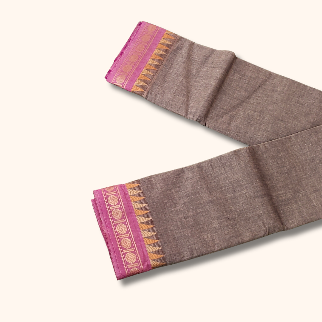 Elegant Grey Chettinad Cotton Saree with Pink Temple Border