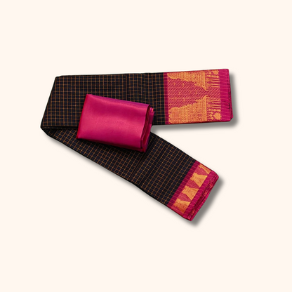 Black Chettinad Cotton Saree with Temple Border & Gold Zari – Separate Blouse Piece