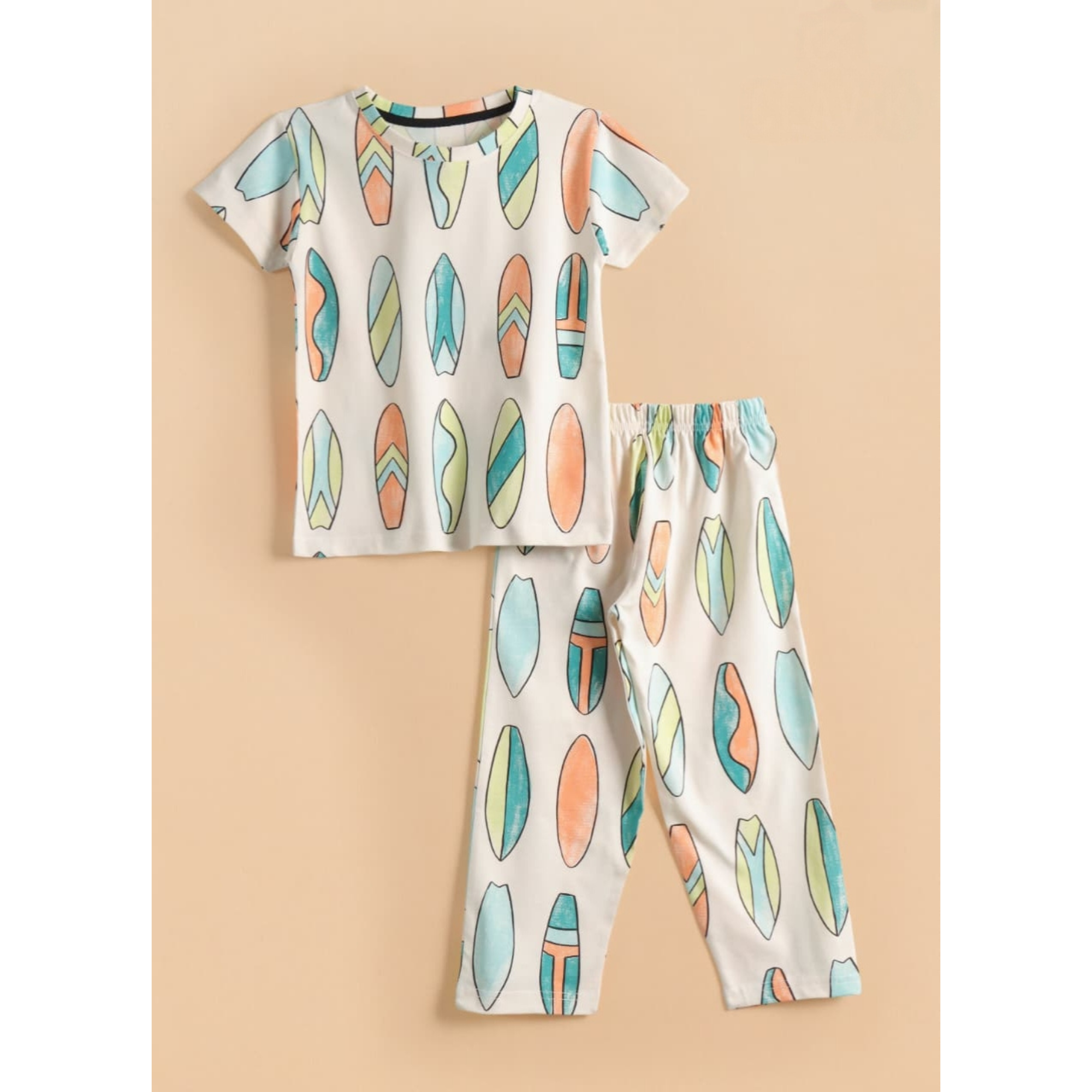 Kids Unisex Pure Cotton T-Shirt & Pant Set – Surfboard Print Comfort Wear (Off-White)