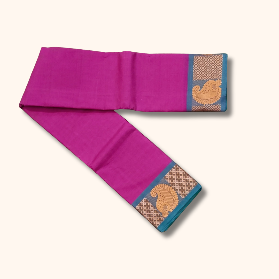 Magenta Chettinad Cotton Saree with Traditional Peacock Border