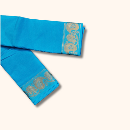 Turquoise Blue Pure Cotton Saree with Paisley & Floral Border – Running Blouse
