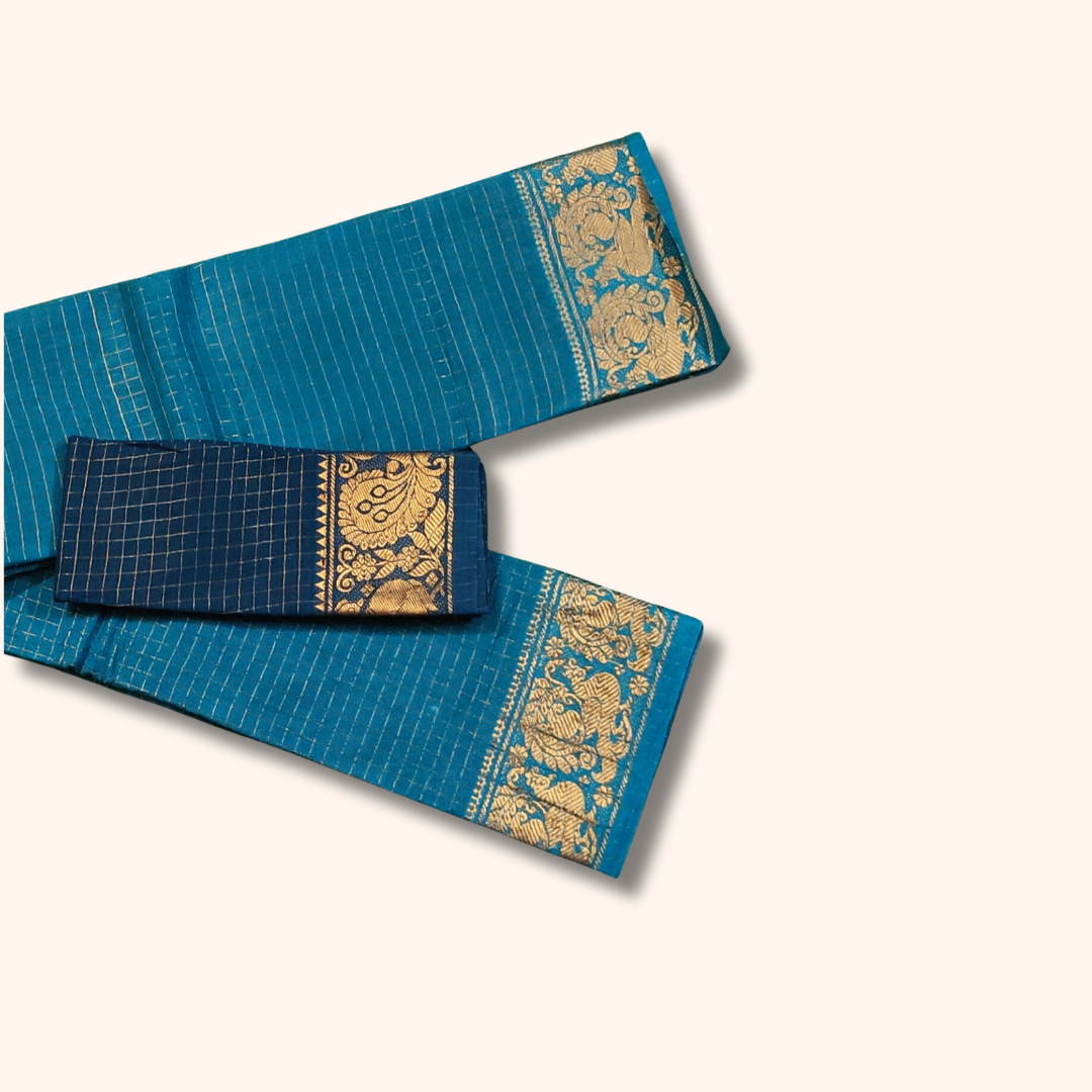 Peacock Blue Pure Sungudi Cotton Saree with Golden Zari Checks & Zari Border