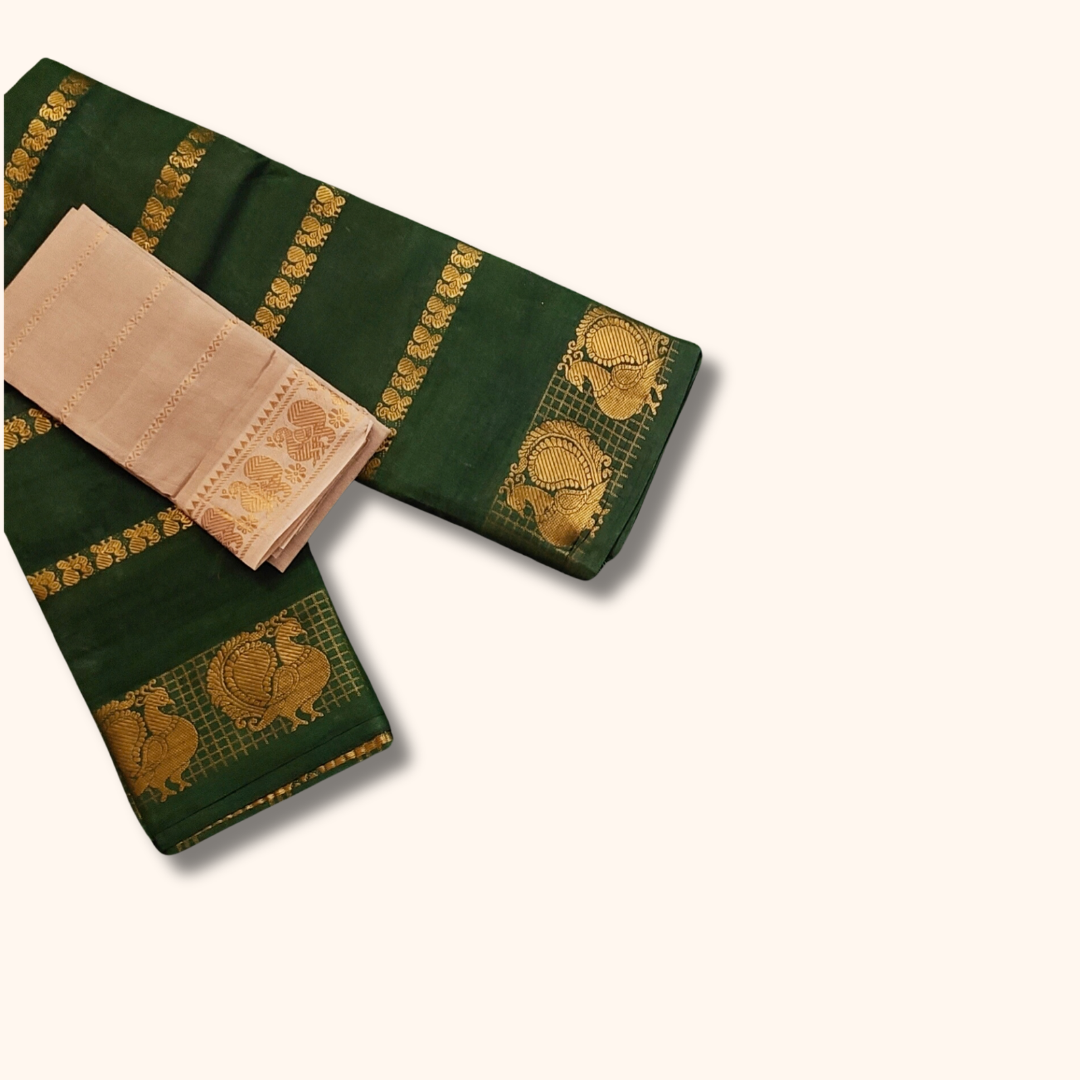 Dark Green Cotton Saree with Gold Zari Stripes & Peacock Border – Separate Beige Blouse Piece