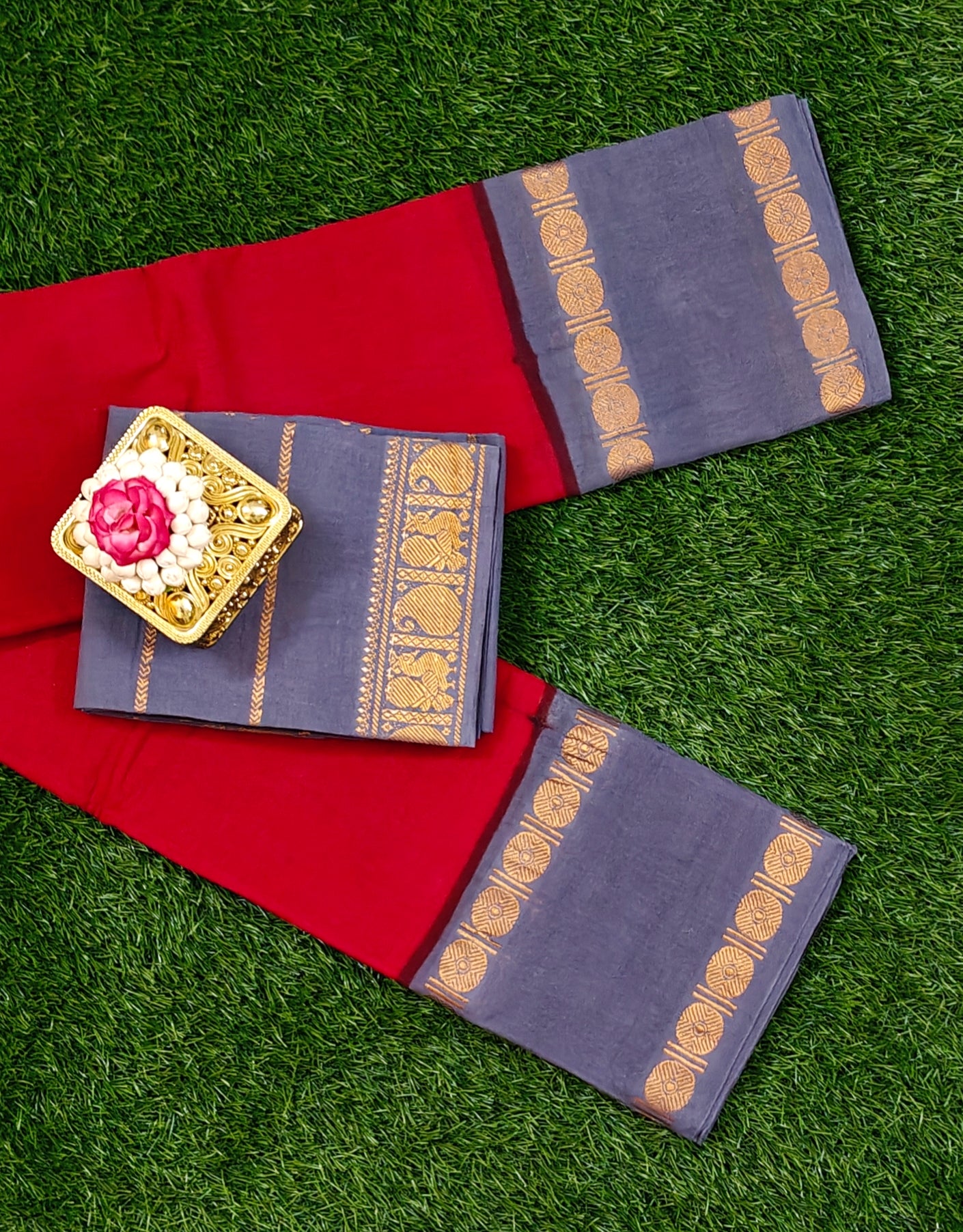 Authentic Pure Cotton Sungudi Saree Grey with Maroon Border