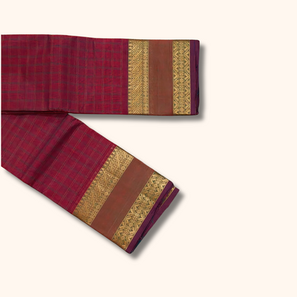 Maroon Chettinad Cotton Saree with Traditional Woven Border