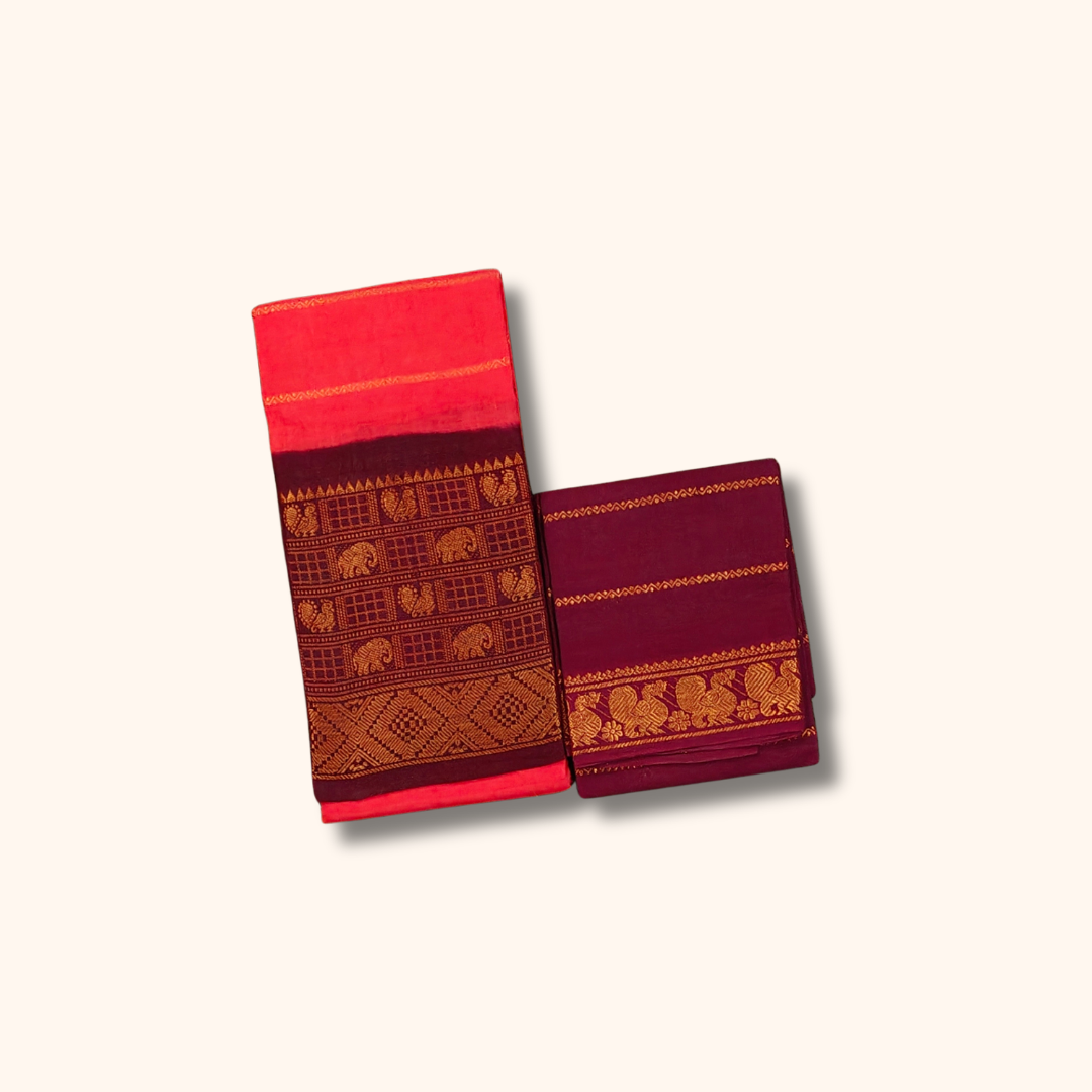 Coral Pink Sungudi Cotton Saree with Maroon Contrast Blouse
