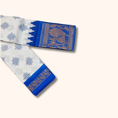 White & Royal Blue Traditional Sungudi Cotton Saree with Designer Blue Border