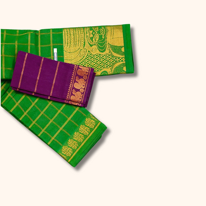 Green Sungudi Cotton Saree with Gold Zari Checks & Kathakali Border – Separate Blouse Piece