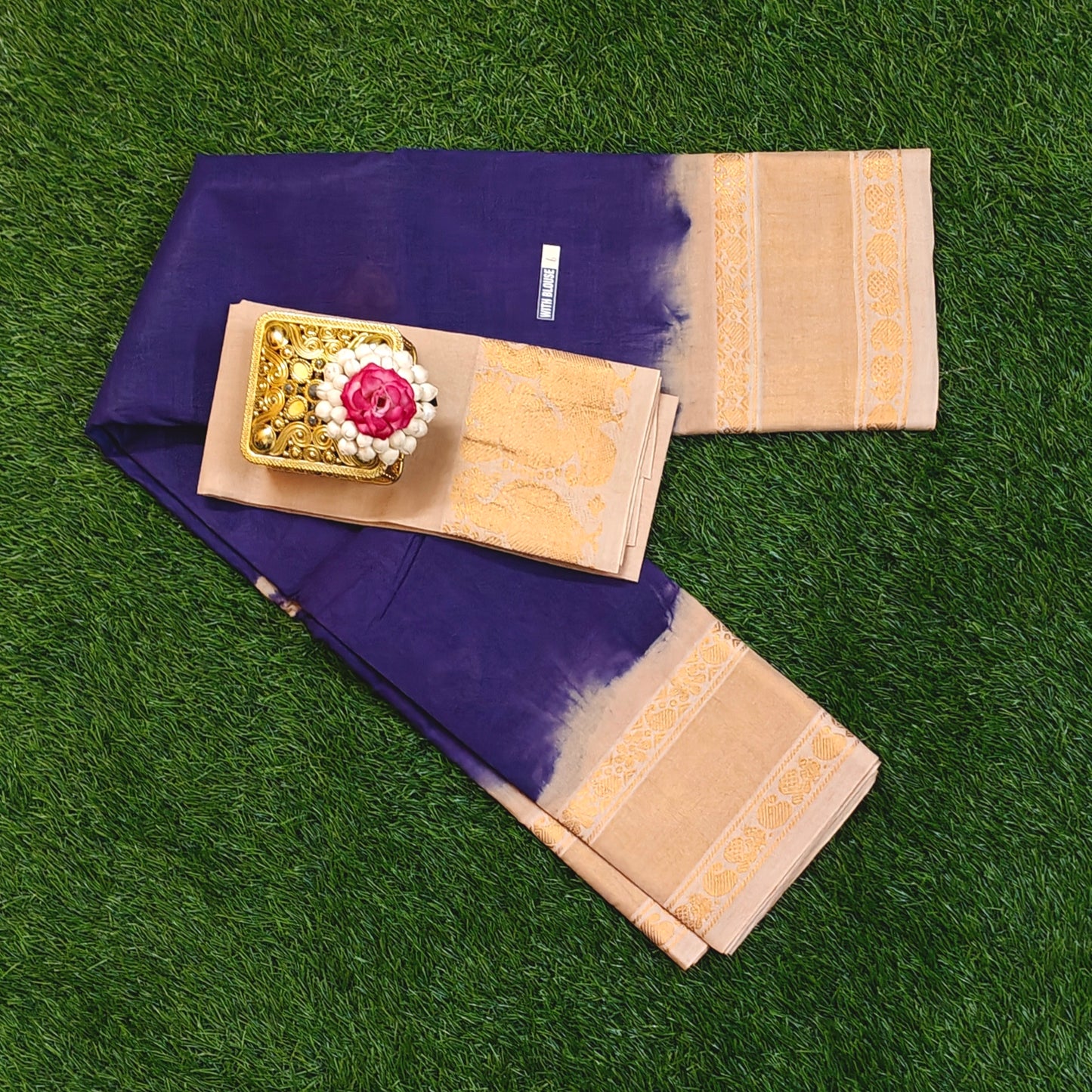 Authentic Deep Violet Sungudi Cotton Saree with Beige Zari Border & Contrast Blouse