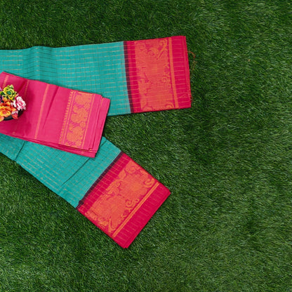 Parrot Green Checked Sungudi Cotton Saree with Rich Pink Zari Border